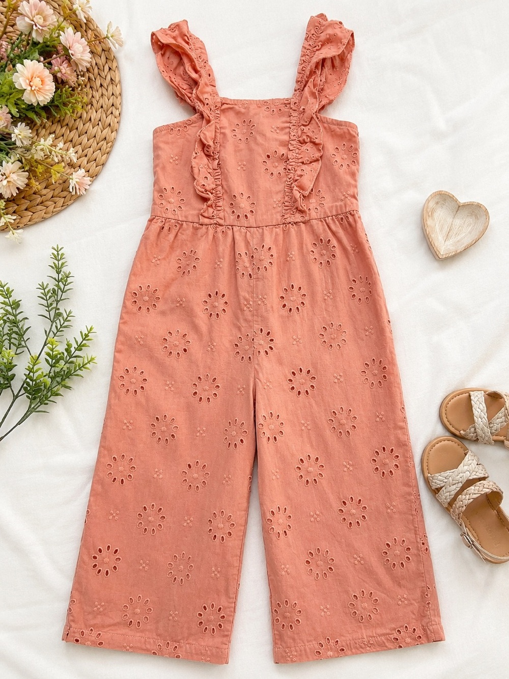 Carter’s Girls 4T Pink Eyelet Ruffle Jumpsuit Romper‎ Wide Leg Lined Cotton